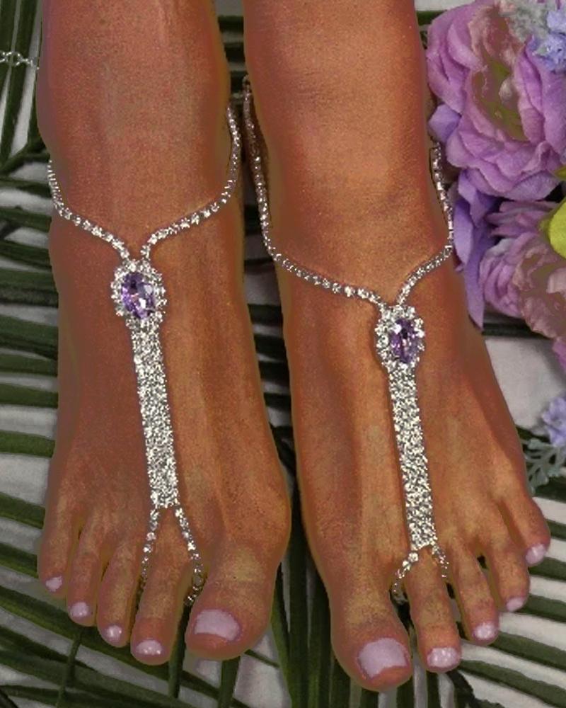 

2pcs Crystal Stone Rhinestone Fashion Jewelry Toe Ring Beach Anklets Set, Purple