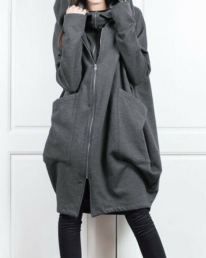 

Fake Two-Piece Zip Front Long Sleeve Hoodie, Light gray