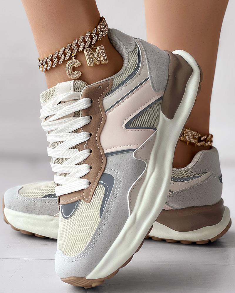 

Colorblock Lace-up Platform Casual Sneakers, Khaki