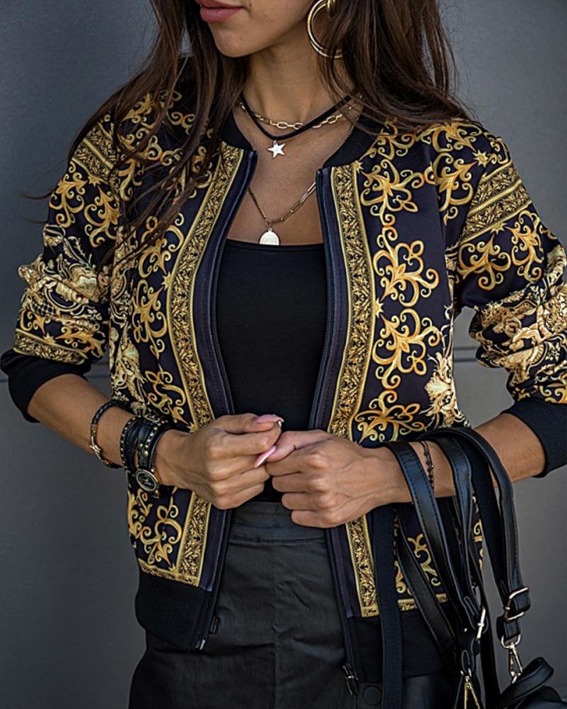 

Baroque Print Long Sleeve Zip Up Jacket, Yellow