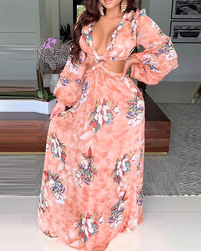 

Cutout Waist Puff Lantern Sleeve Floral Print Dress, Pink