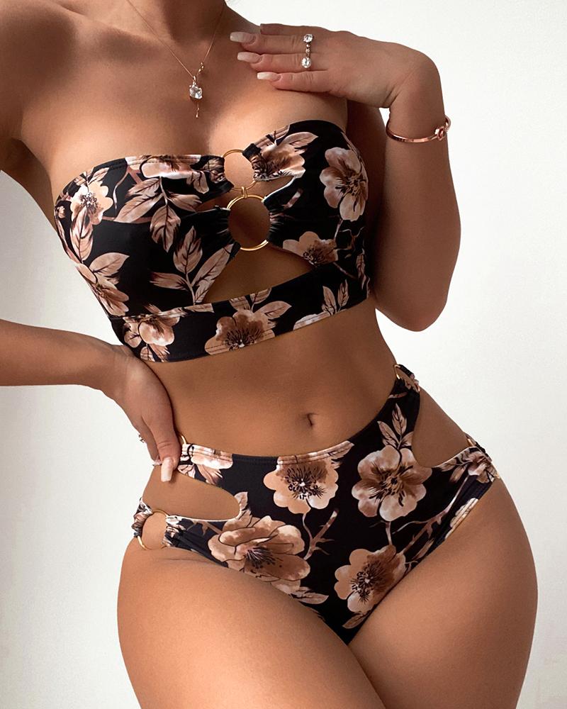 

Bandeau Floral Print O-Ring Cutout Bikini Set, Multicolor