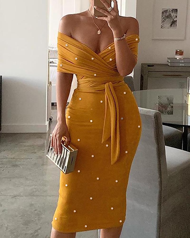 

Beaded Decor Off Shoulder Ruched Party Dress, Yellow