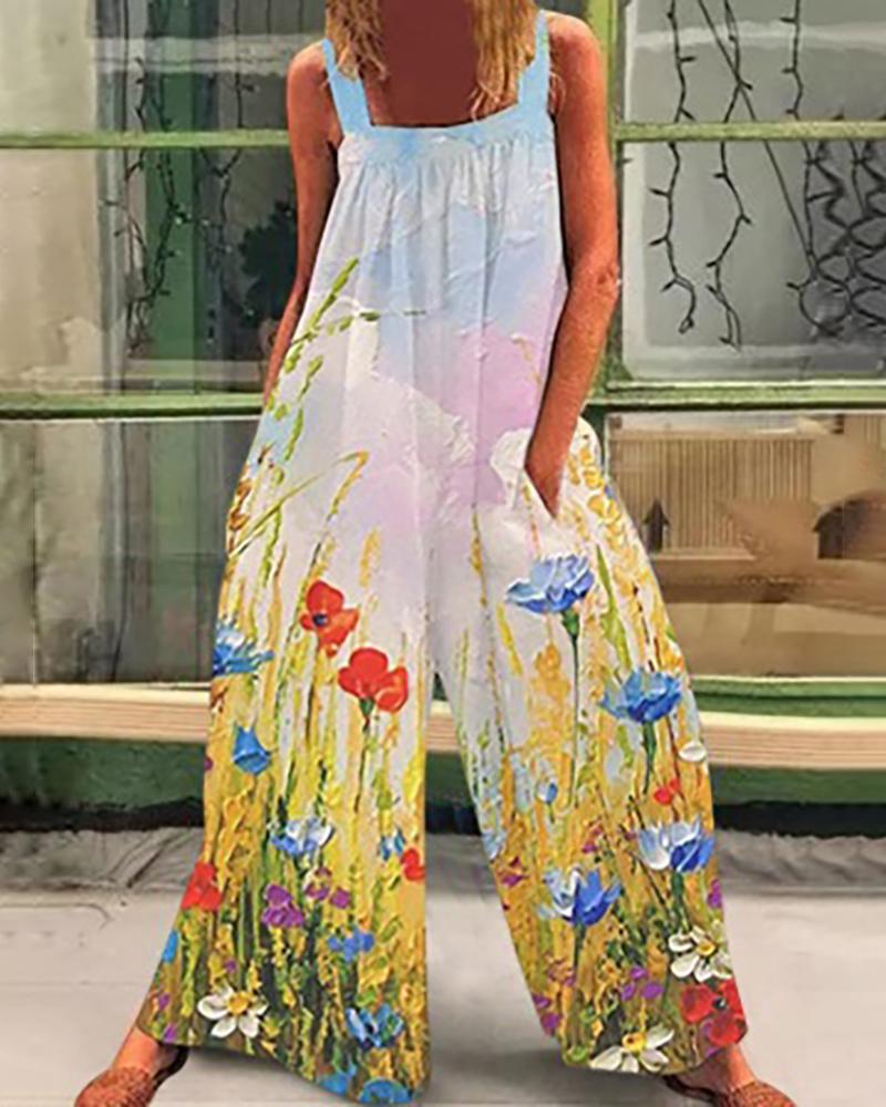 

Pocket Design Floral Print Wide Leg Jumpsuit, Multicolor