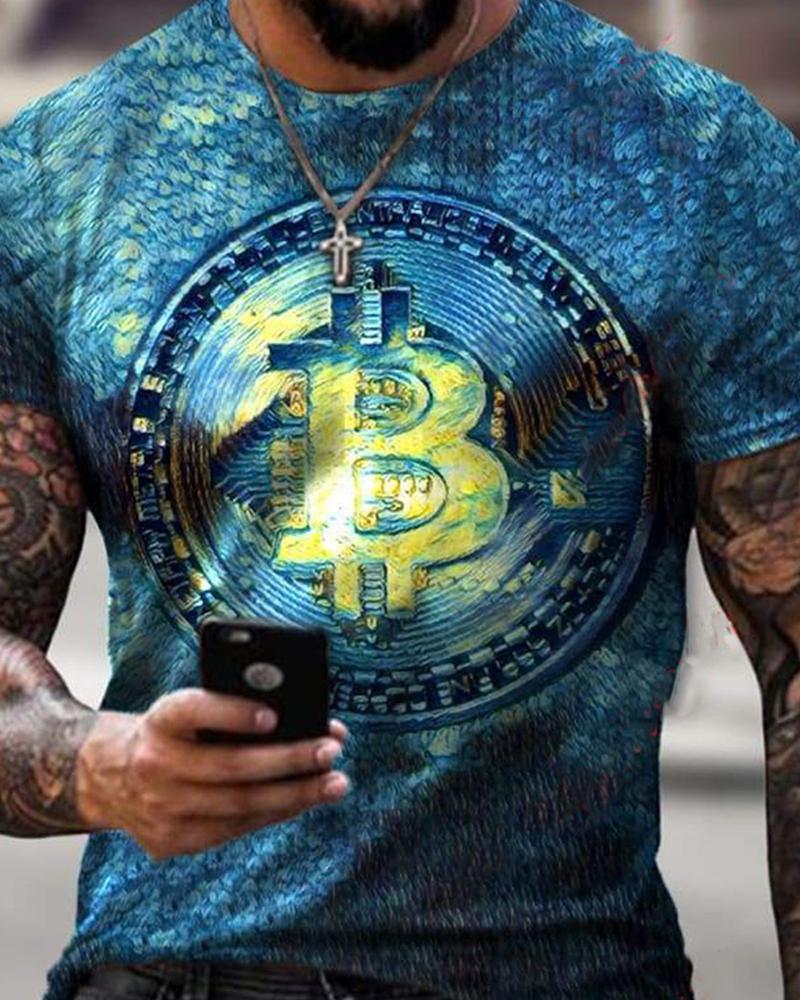 

Bitcoin Patterns Print Short Sleeve Loose T-shirt, Blue