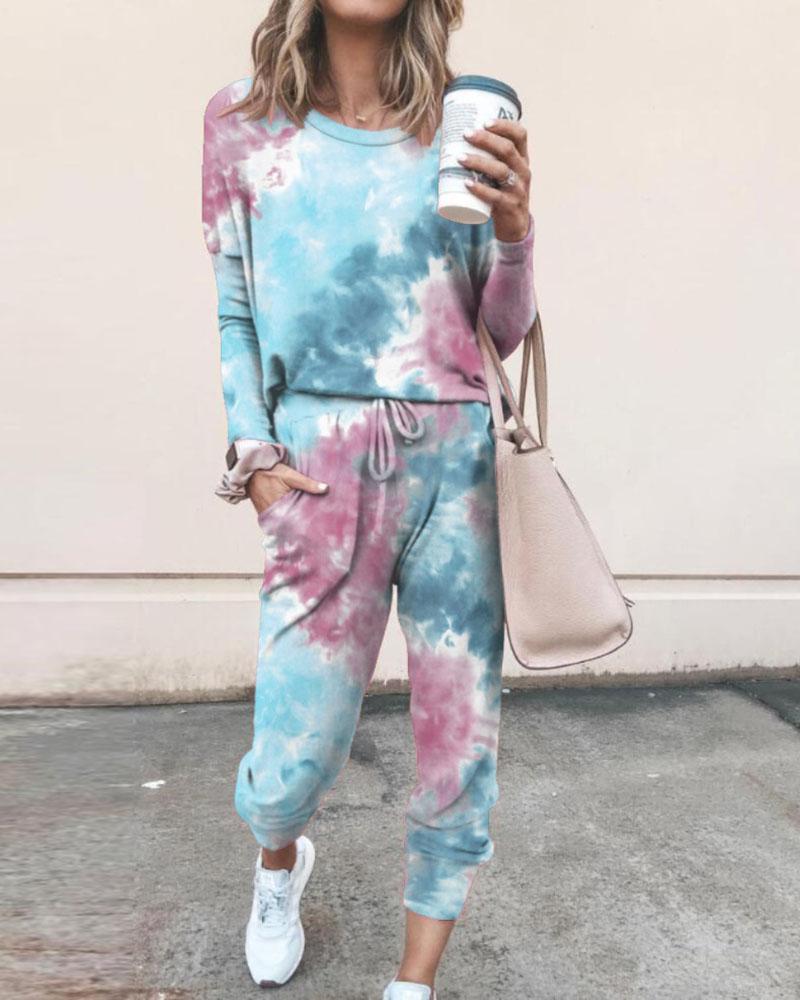 

Tie Dye Print Top & Drawstring Pants Set, Blue