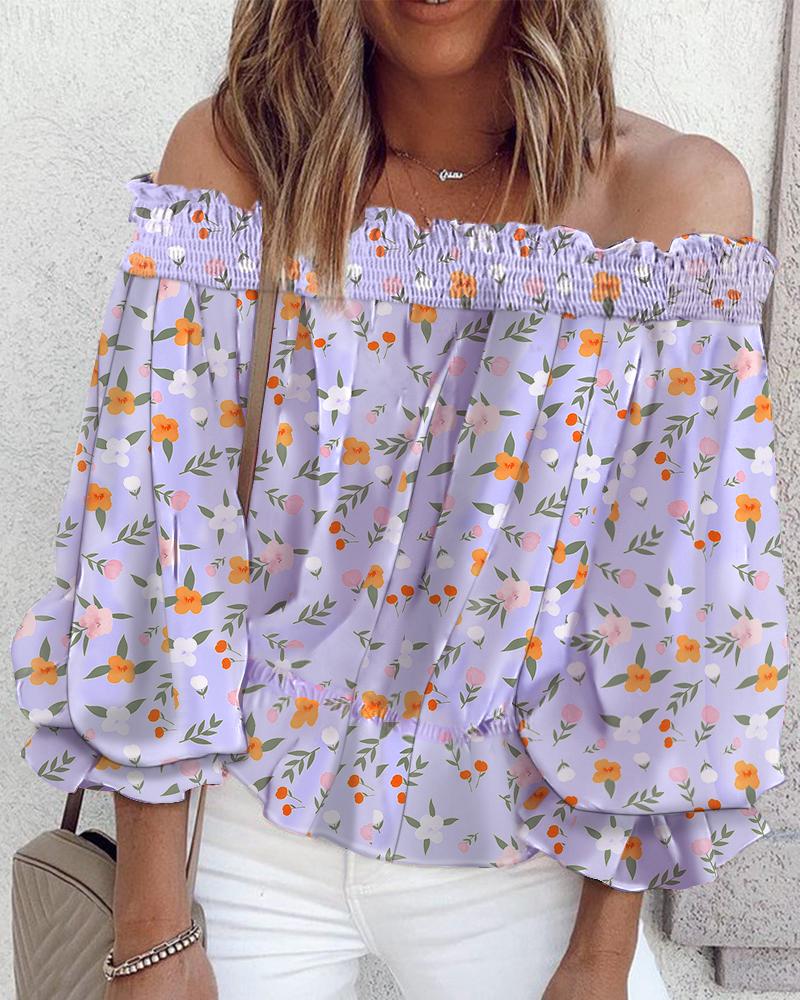

Off Shoulder Lantern Sleeve Floral Print Top, Purple
