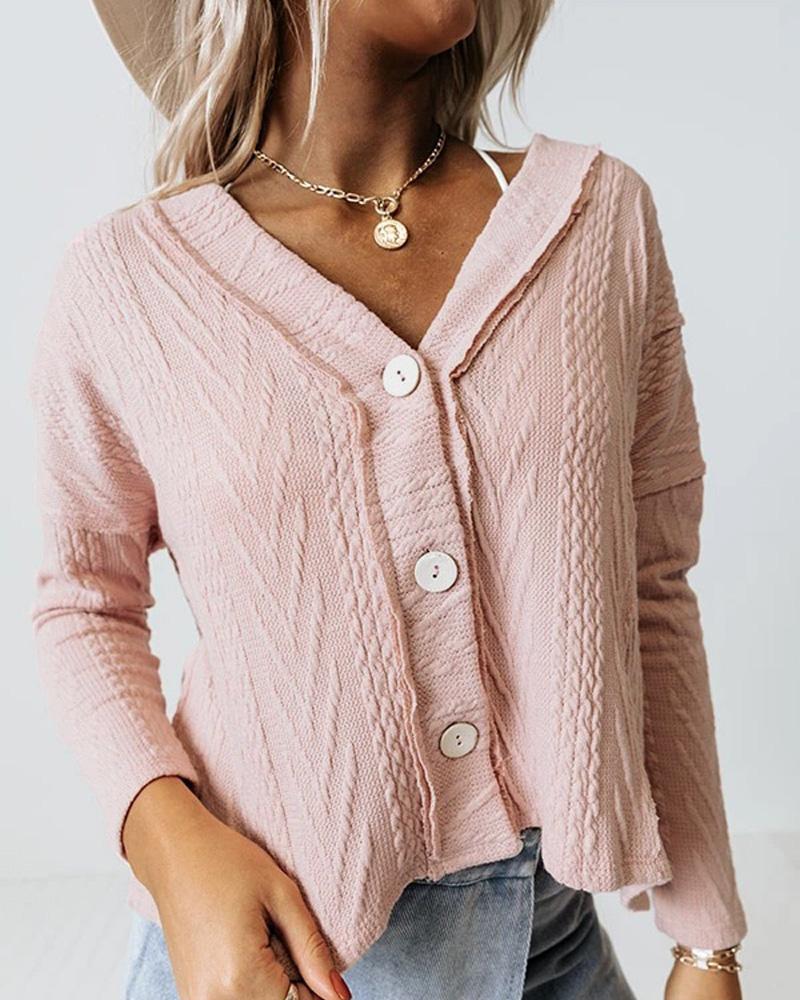 

Long Sleeve Button Front Textured Knit Cardigan, Pink
