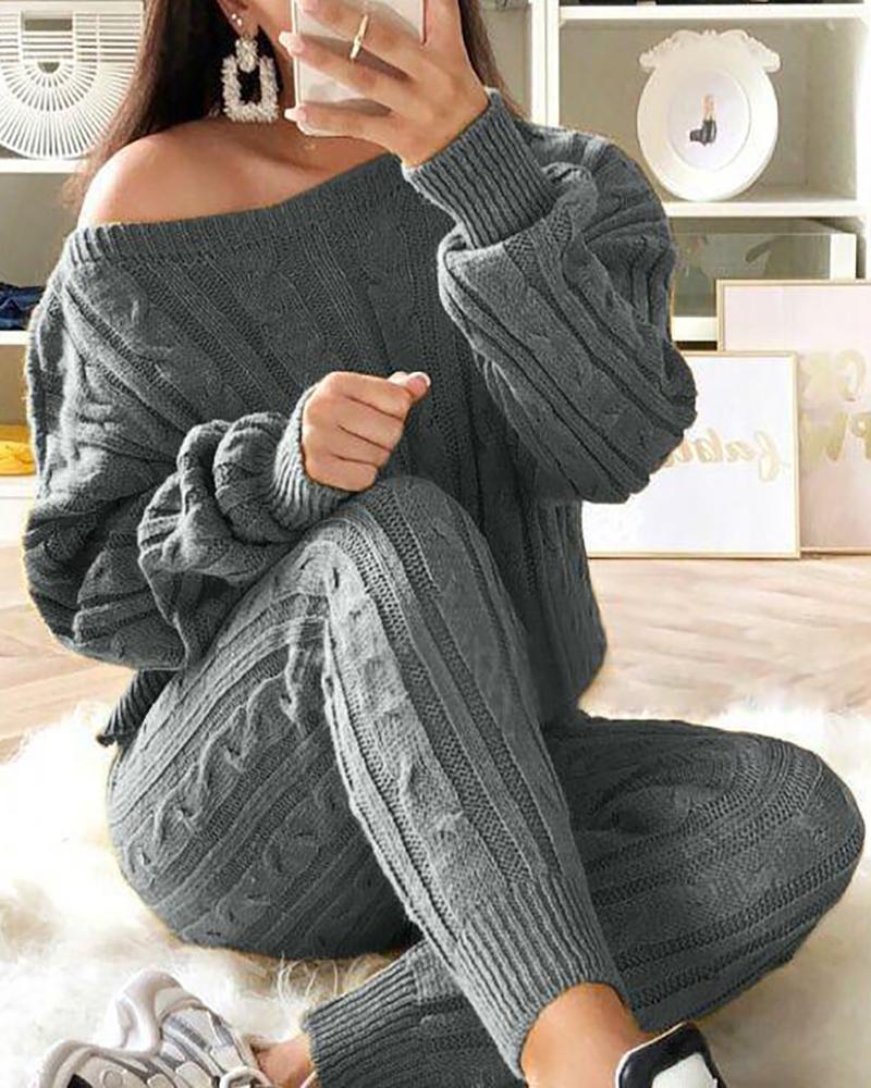 

Solid Ribbed Knitting Casual Sweater & Pants Sets, Gray