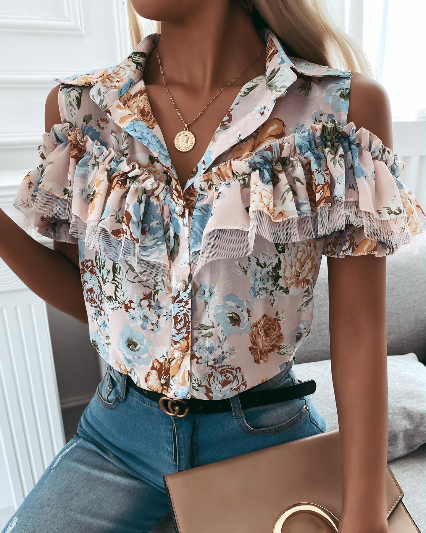 

Cold Shoulder Mesh Patch Ruffles Floral Print Top, Style1