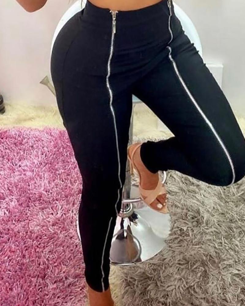 

Zipper Design High Waist Skinny Pants, Black