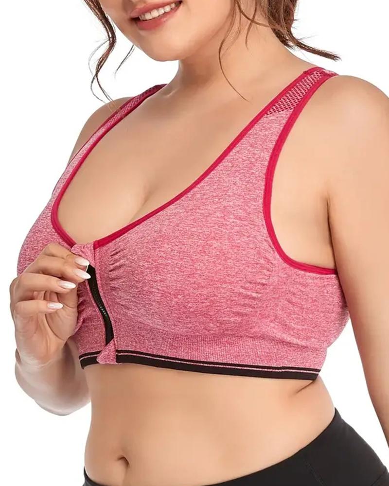 

Plus Size Zip Up Removable Padding Full Coverage Sports Bra, Red