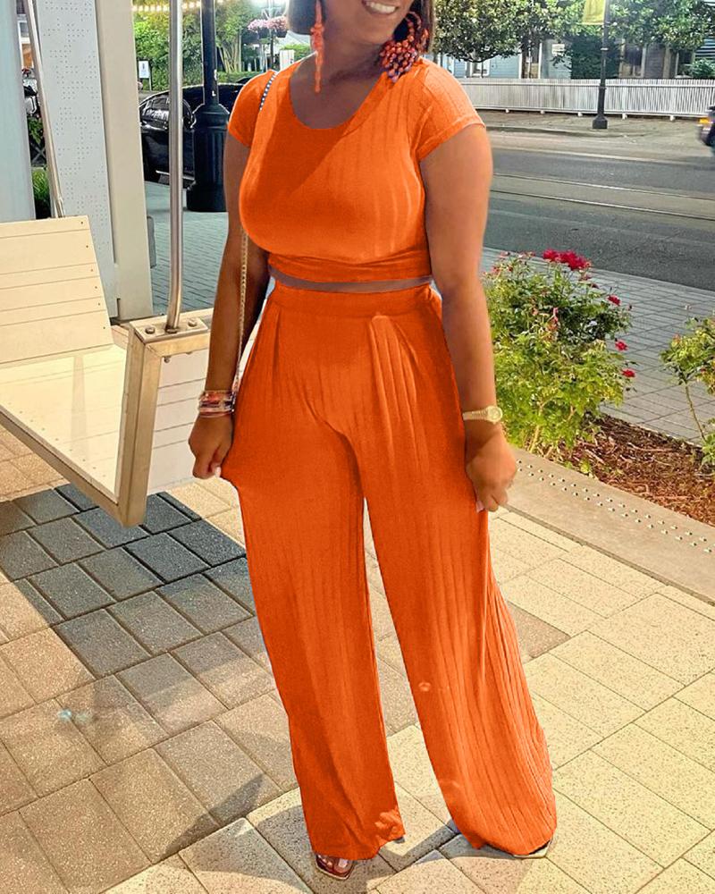

Ribbed Short Sleeve Top & Wide Leg Pants Set, Orange