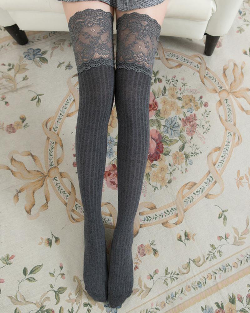 

Lace Trim Over The Knee Socks, Dark grey