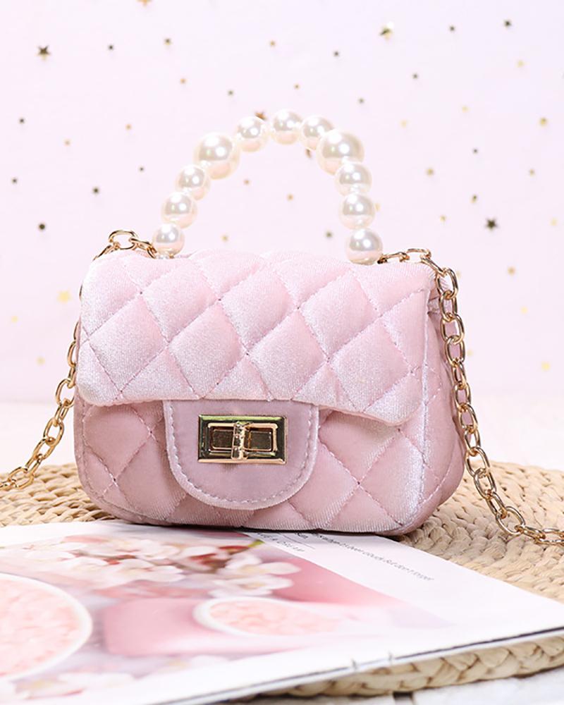 

Quilted Velvet Twist Lock Beaded Strap Mini Satchel Bag, Pink