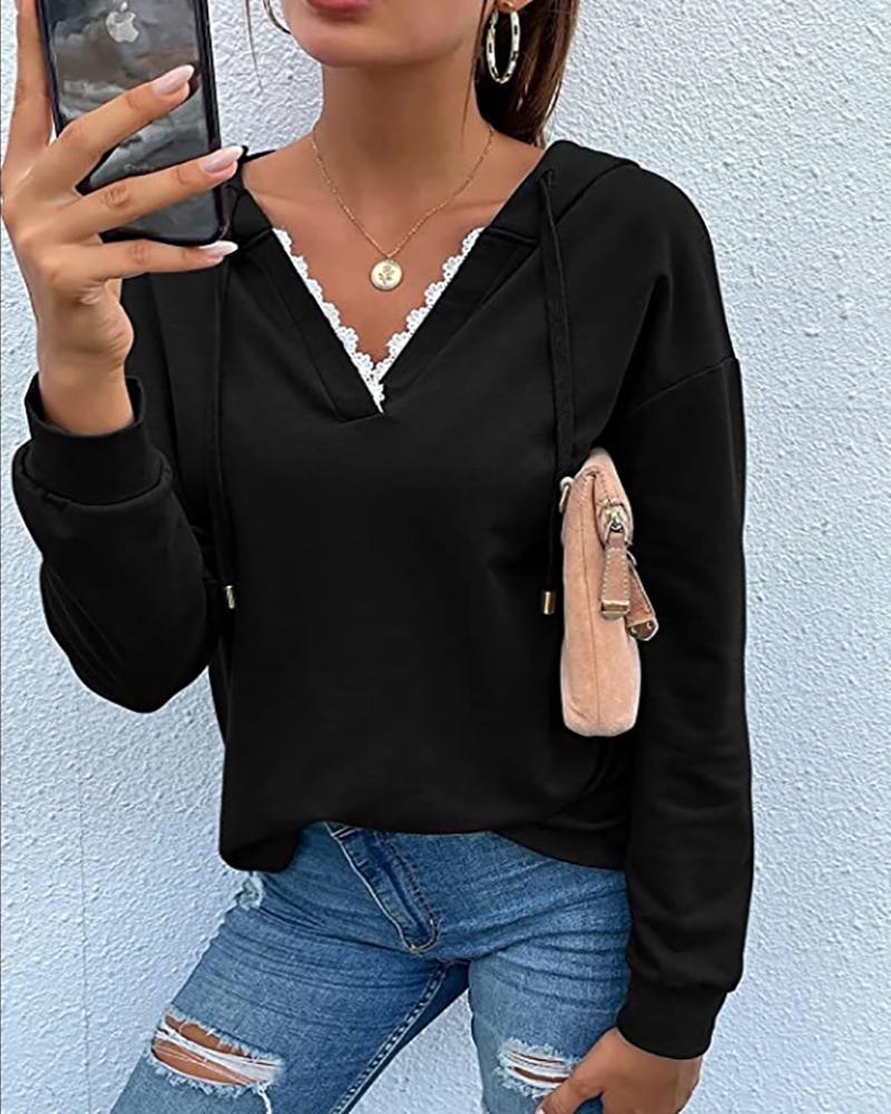 

Long Sleeve Lace Trim Hooded Sweatshirt, Black