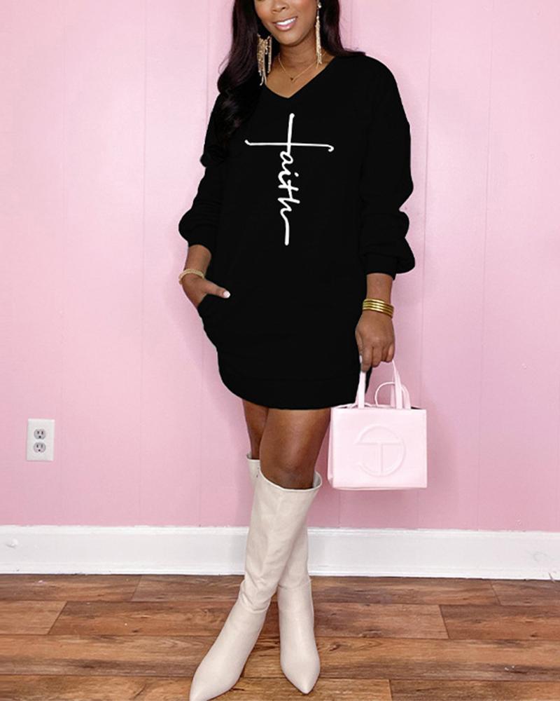 

Letter Print Long Sleeve Sweatshirt Dress, Black