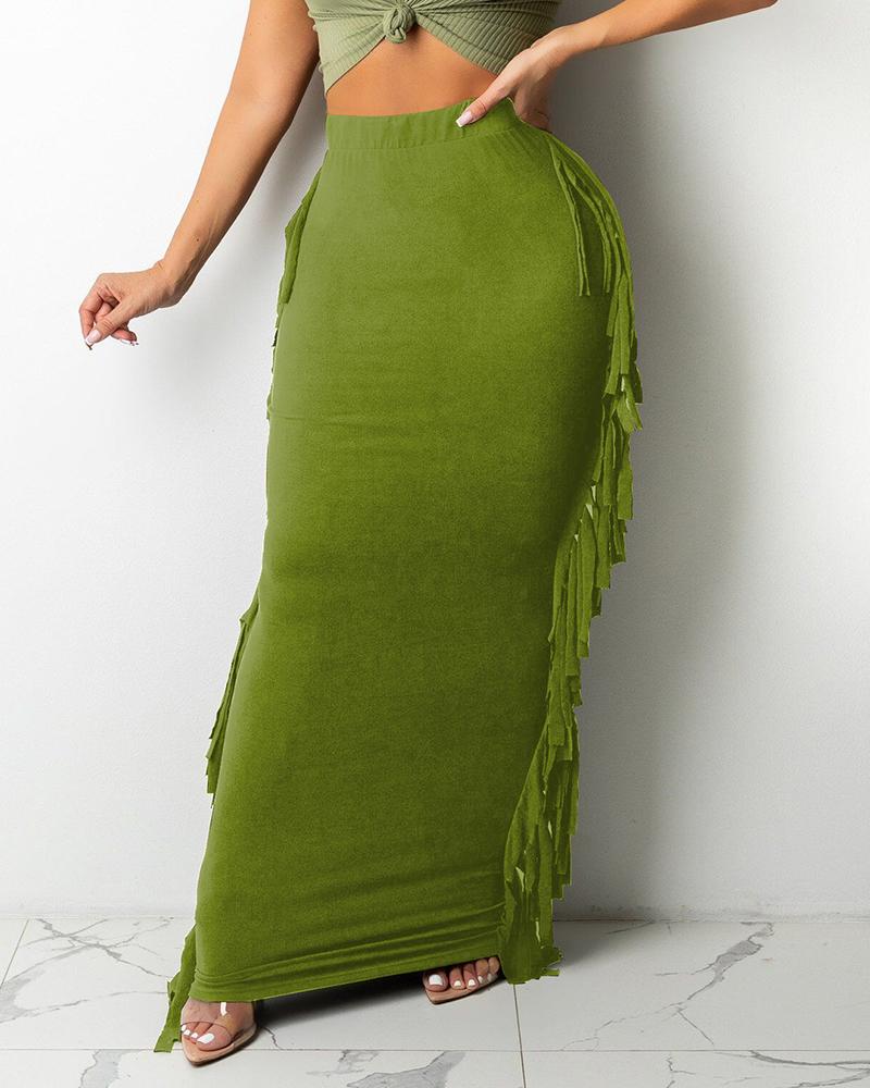 

High Waist Tassel Design Maxi Skirt, Green