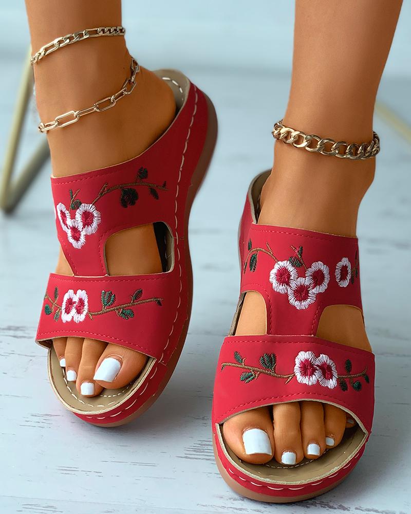 

Floral Embroidery Cutout Slide Slippers, Red