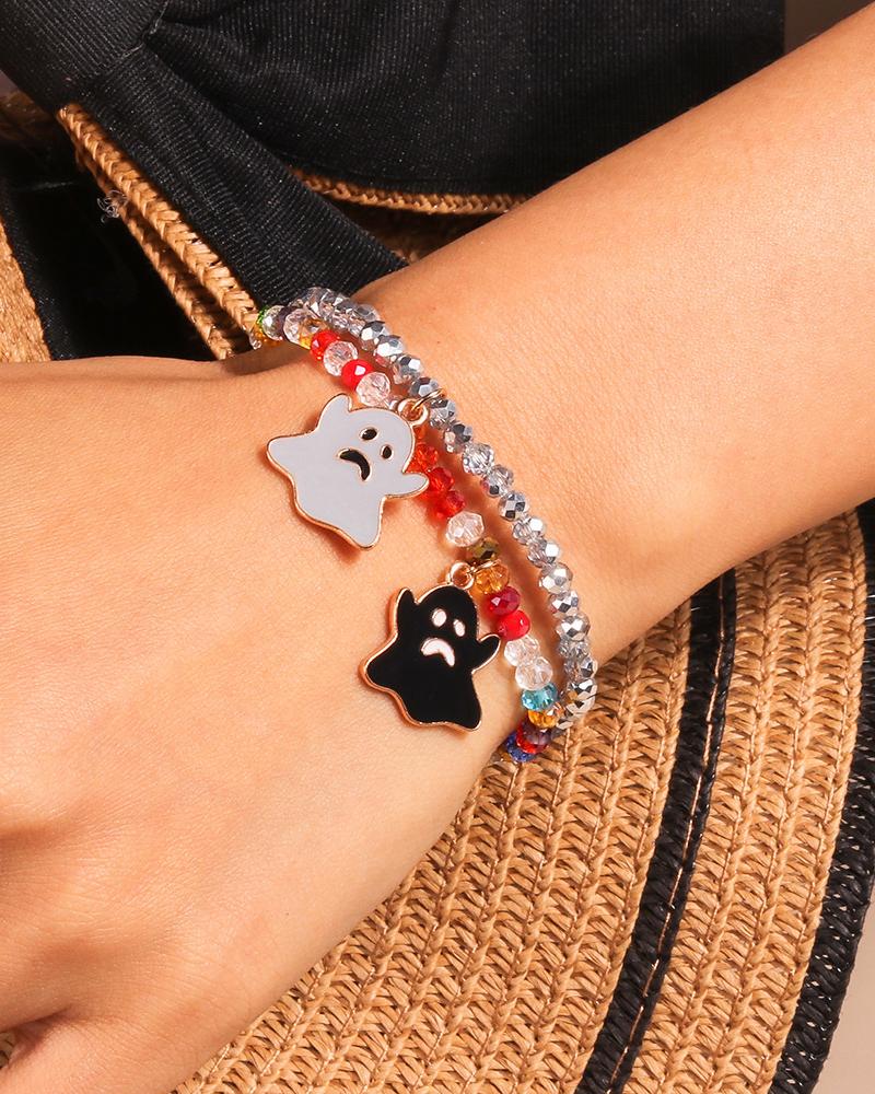 

2pcs Halloween Beaded Cartoon Ghost Pendant Bracelets Set, Multicolor