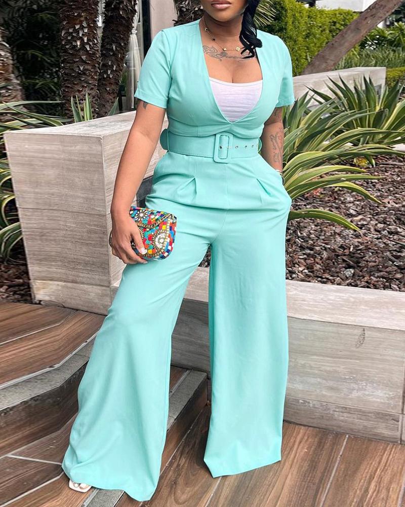 

Plunge Short Sleeve Top & Wide Leg Pants Set, Blue