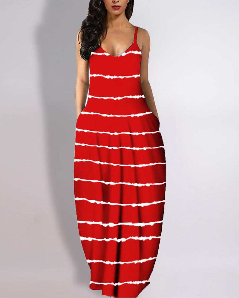

Tie Dye Print Pocket Detail V-Neck Casual Dress, Red