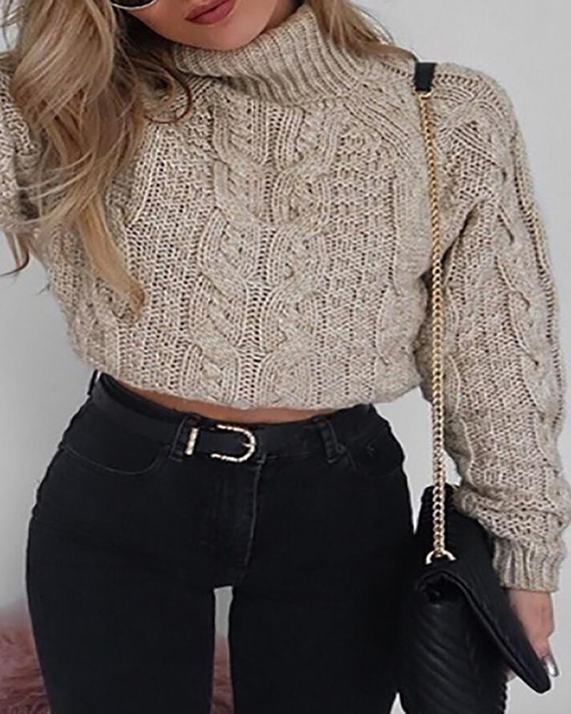 

Solid Long Sleeve Casual Sweater, Khaki