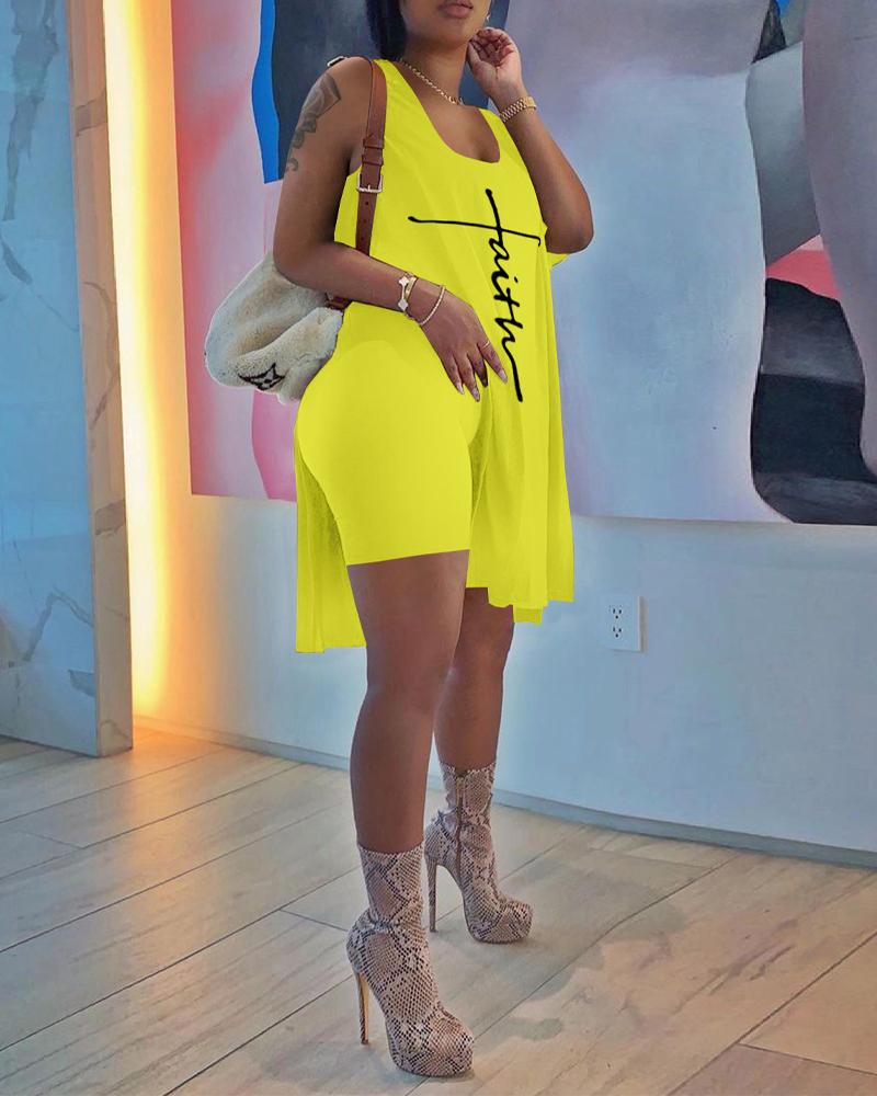 

Letter Print Split Tank Top & Shorts Set, Yellow