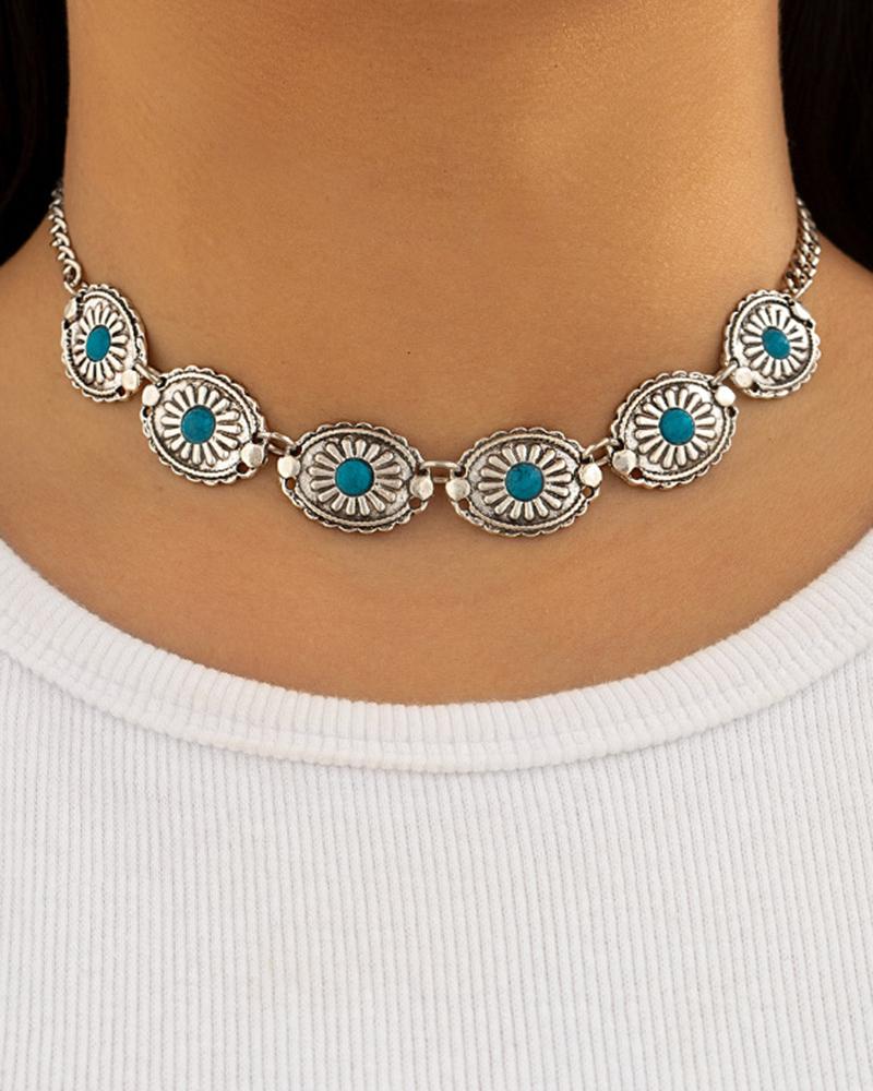 

1pc Bohemian Floral Geometric Turquoise Choker, Silver