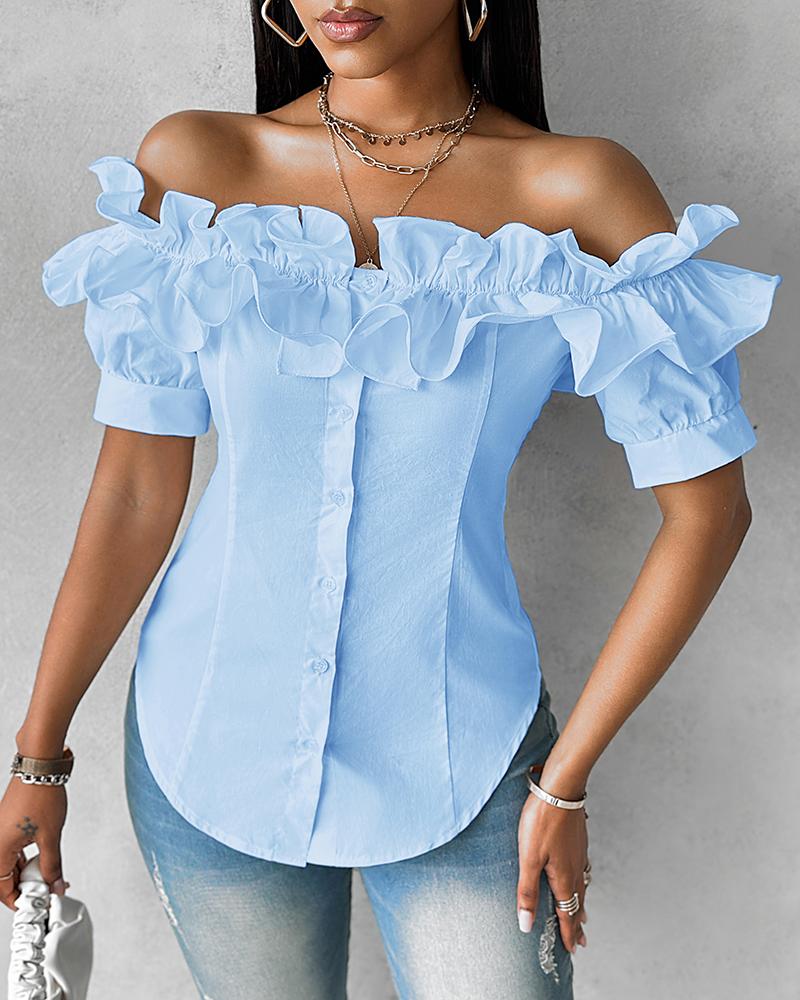 

Off Shoulder Layered Ruffles Button-down Asymmetrical Hem Top, Sky blue