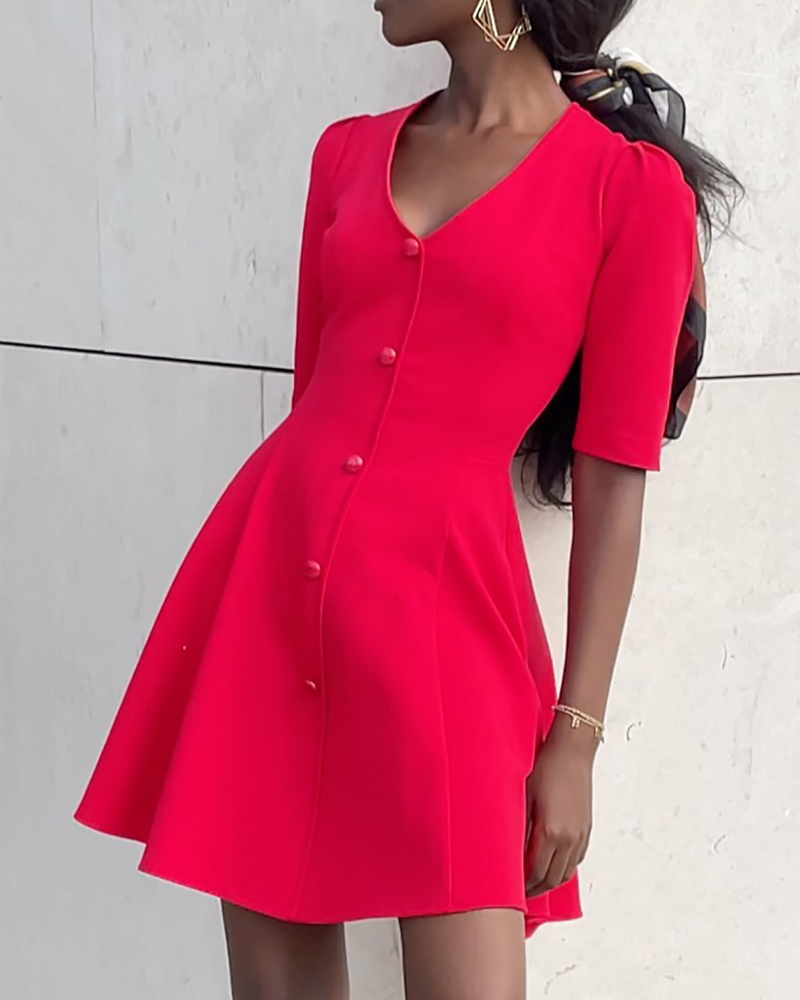 

Button Front V-Neck Short Sleeve Casual Dress, Red