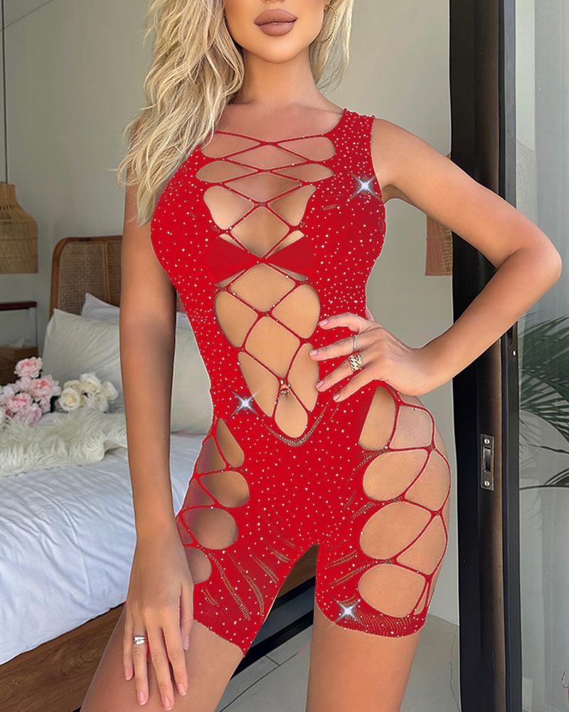

Rhinestone Decor Crisscross Cutout Bodystockings, Red