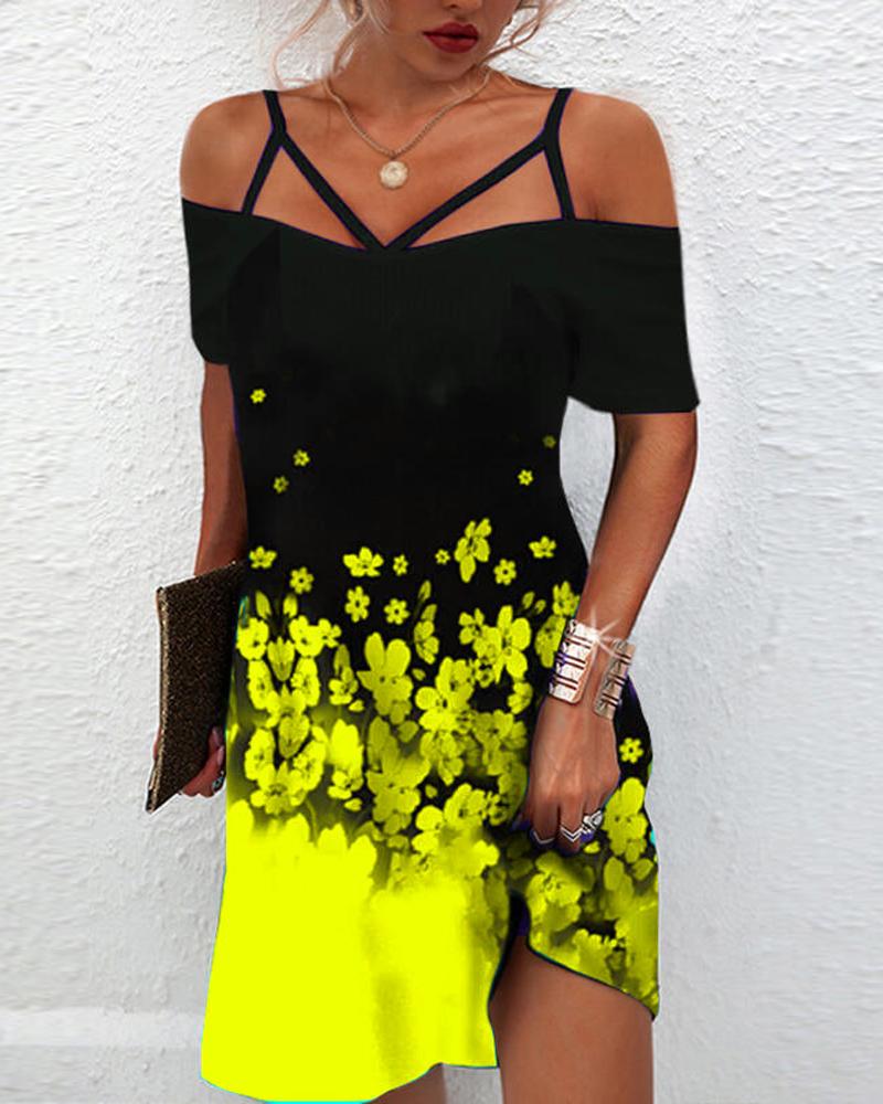 

Floral Print Cold Shoulder Casual Dress, Yellow