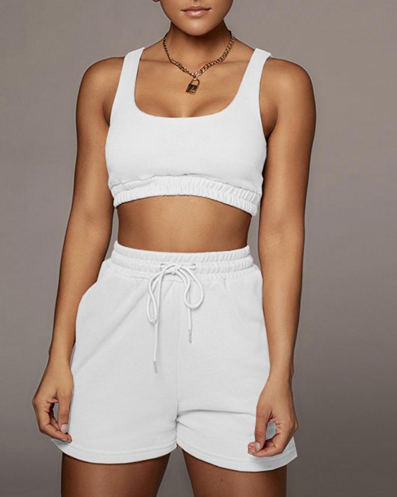 

U-Neck Pocket Detail Drawstring Active Set, White