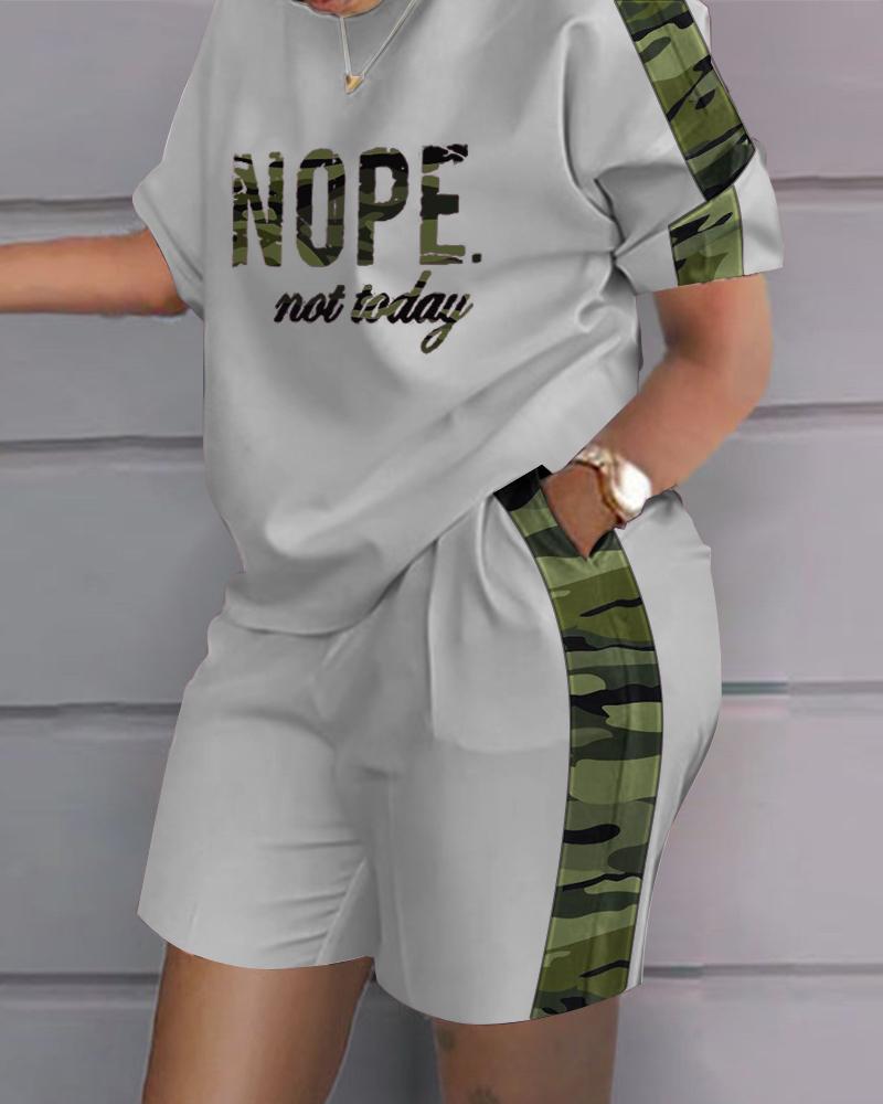 

Plus Size Nope Not Today Camo Print Casual Top & Shorts Set, Camoflage