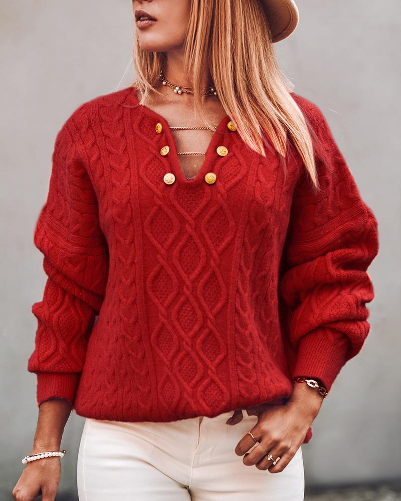 

Cable Knit Buttoned Long Sleeve Sweater, Wine red