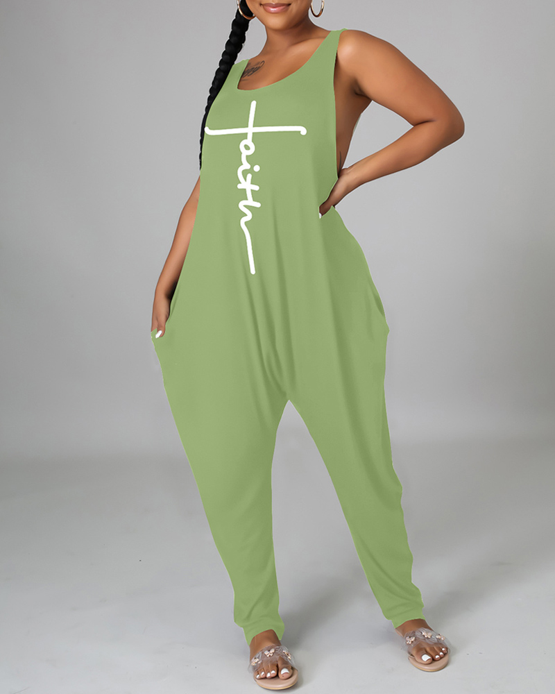 

Letter Print Pocket Detail Sleeveless Jumpsuit, Green