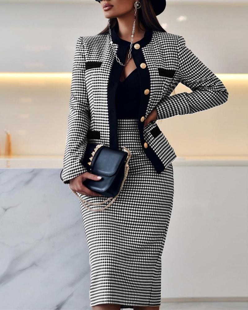 

Houndstooth Print Button Front Coat & Skirt Set, Blackwhite