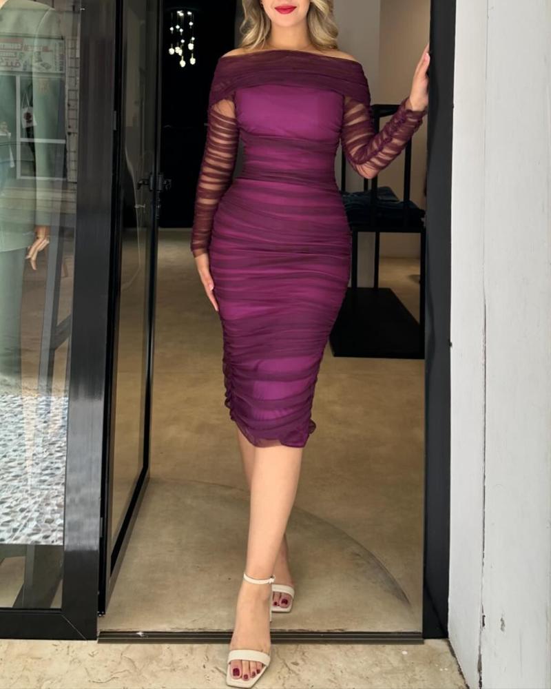 

Off Shoulder Sheer Mesh Bodycon Dress Long Sleeve Ruched Midi Party Dress, Dark purple