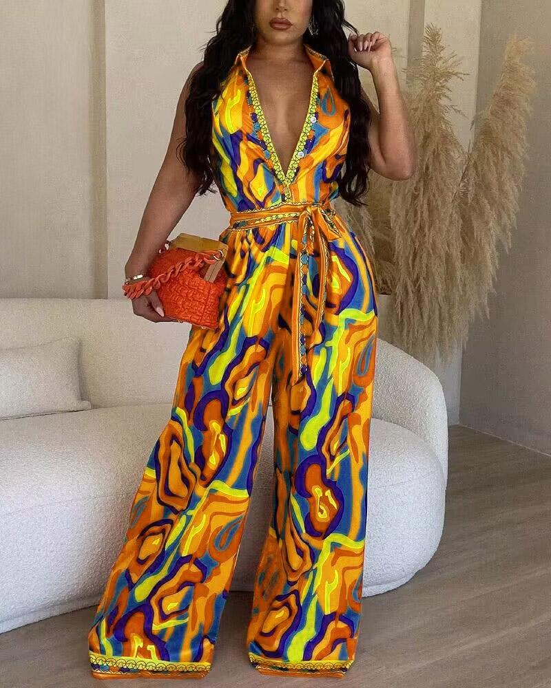 

Multi-Color Abstract Print Wide Leg Jumpsuit, Yellow