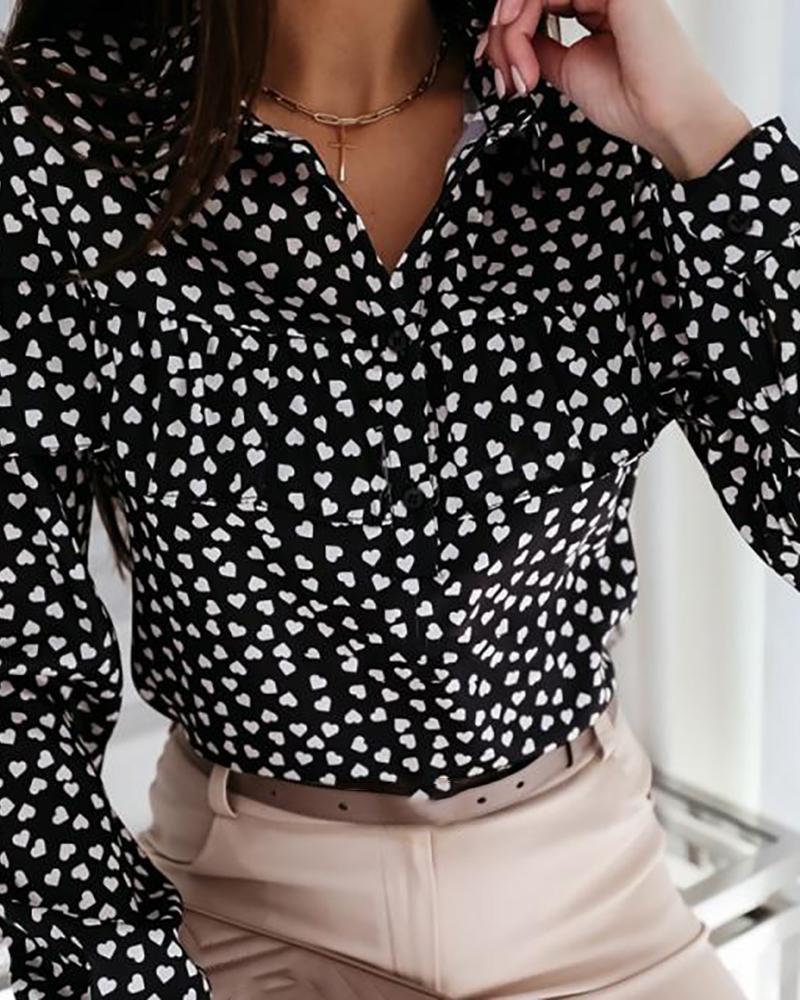 

Heart Print Long Sleeve Flounce Hem Shirt, Black