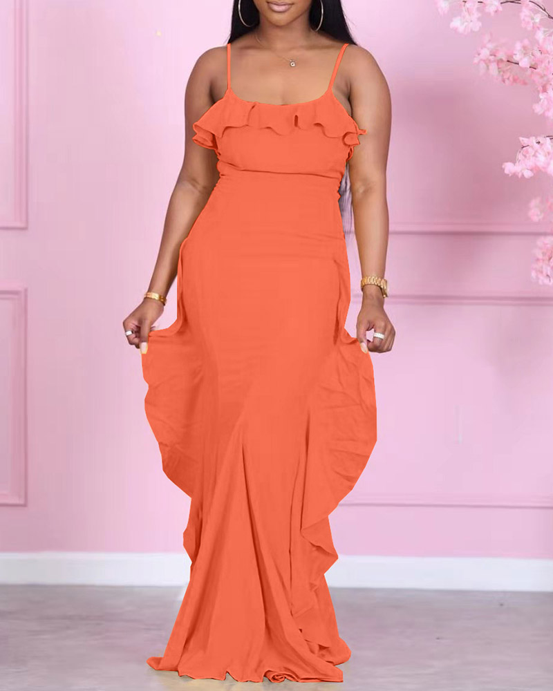 

Spaghetti Strap Ruffles Trim Maxi Dress, Orange