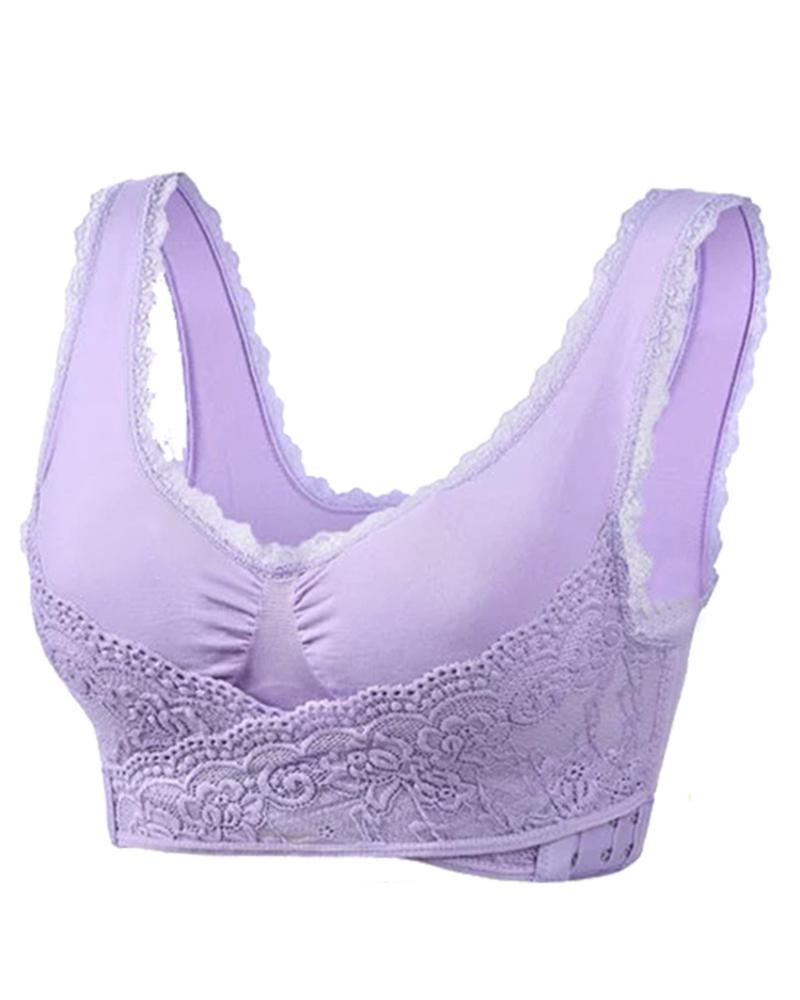 

Lace Trim Hook Front Wireless Lifting Yoga Bra, Purple