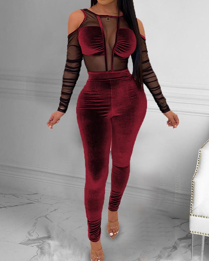 

Cold Shoulder Sheer Mesh Velvet Jumpsuit, Wine red