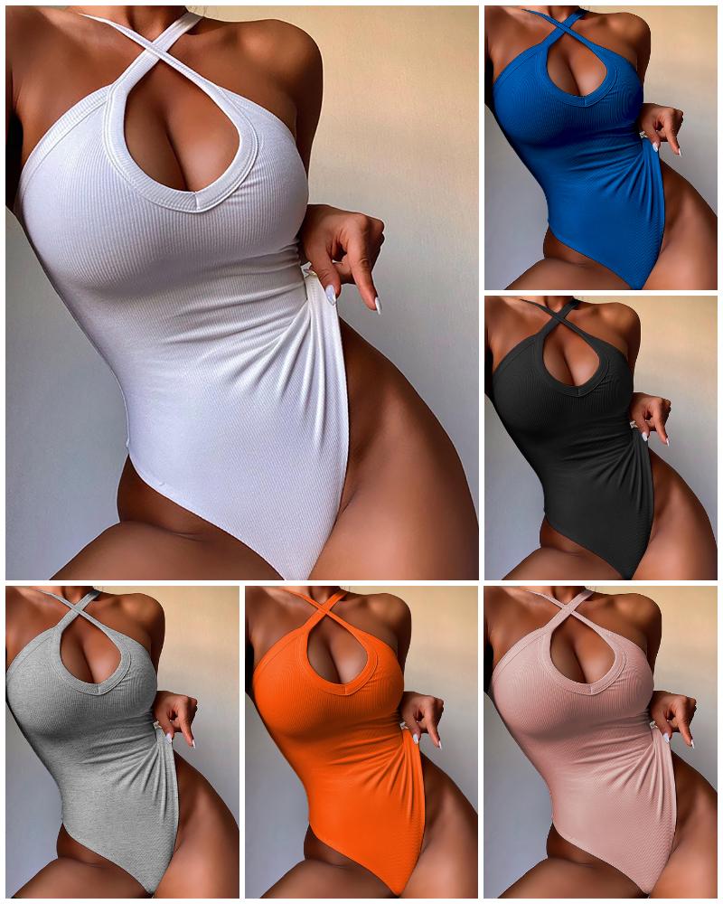 

Plain Knit Sleeveless Halter Bodysuit Basic Cut Out Bodysuit Solid Knit Sleeveless Halter Patchwork Skinny Bodysuit, White