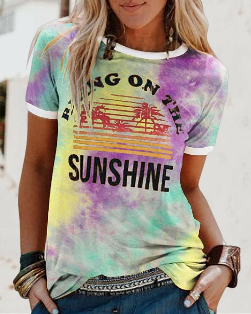 

Tie Dye Letter Print Short Sleeve T-shirt, Yellow