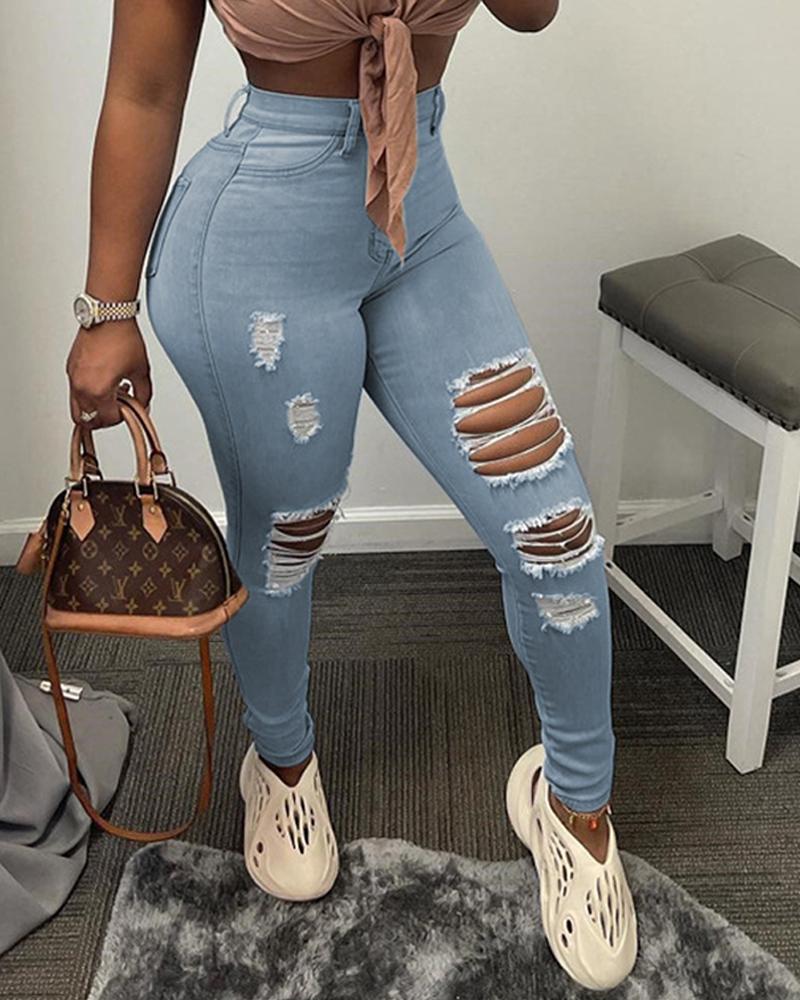 

Ripped High Waist Cutout Jeans, Lighted blue