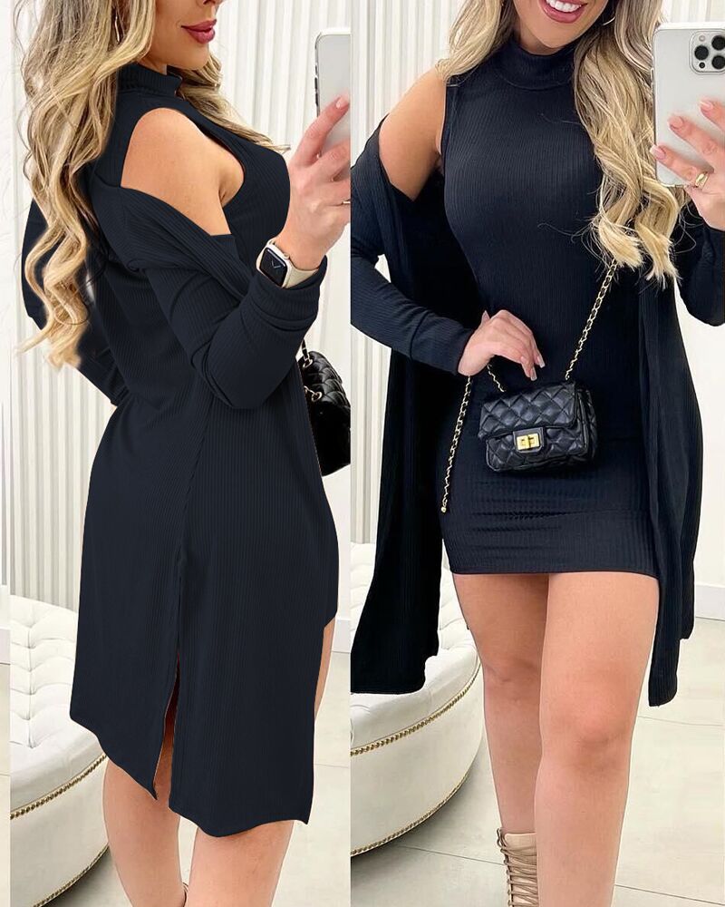 

High Neck Sleeveless Bodycon Dress & Slit Coat Set, Black