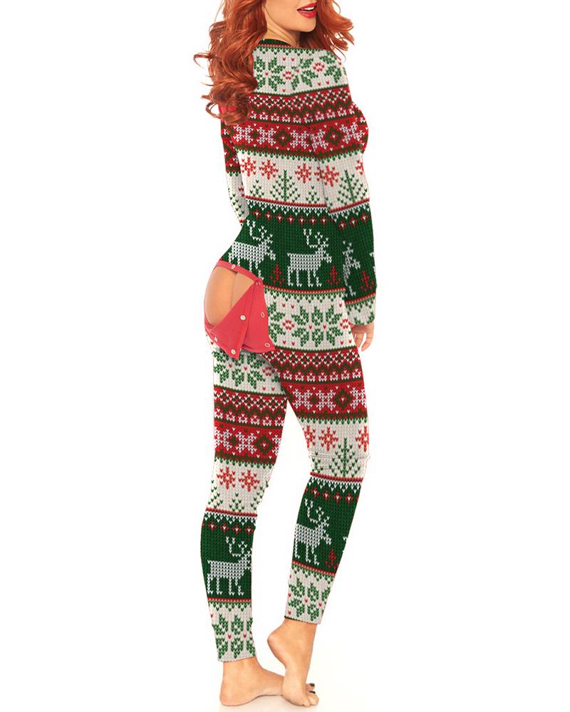 

Christmas Deer Graphic Print Long Sleeve Functional Adult Onesie, Multicolor