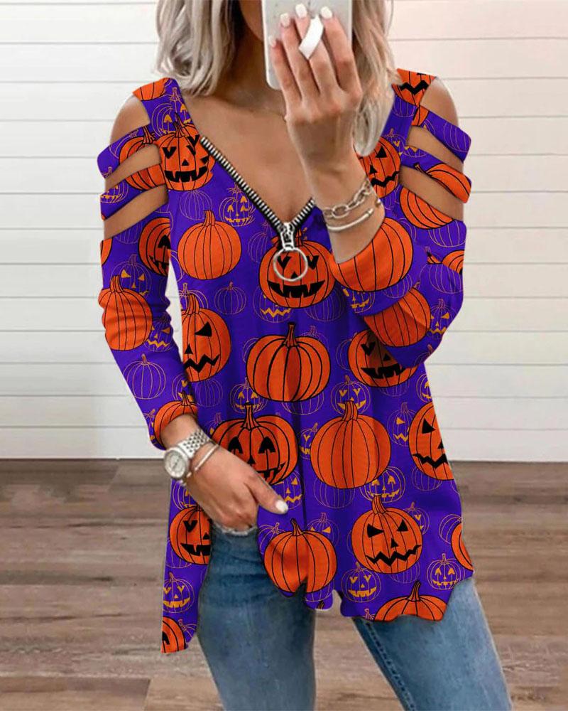 

Halloween Pumpkin Print Zipper Ladder Cut-Out Long Sleeve Top, Style3